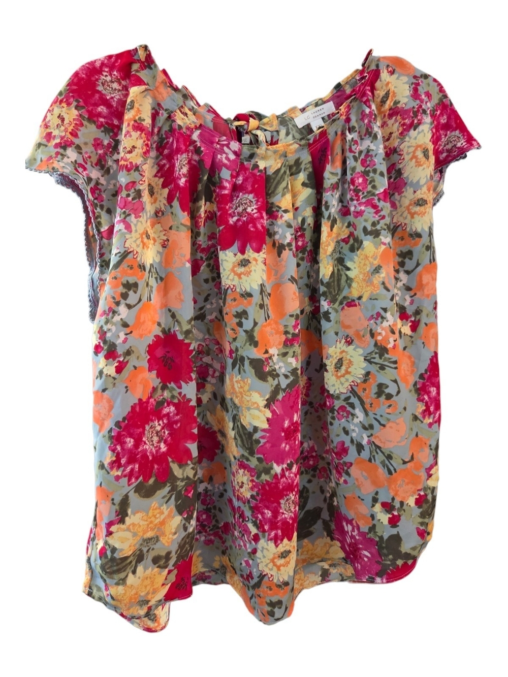 LC Loren Conrad Floral Boho Pleated Cap-Sleeve Blouse - Pink Multi - Size XXL